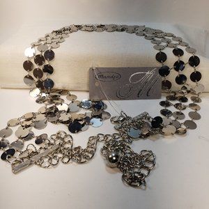 Mandee Silver Disc Belt, new with tags, 32" long, adjustable extenstion